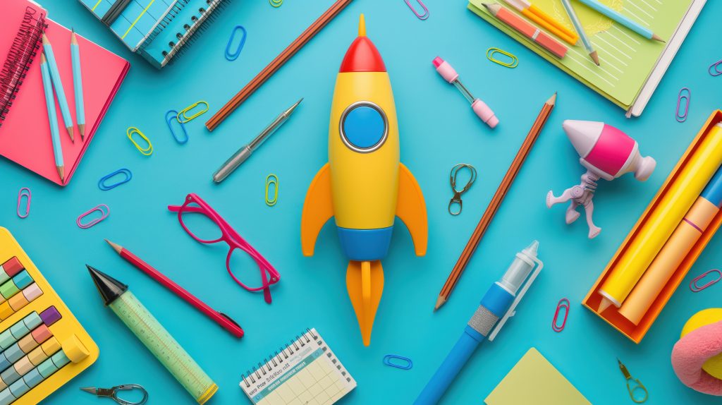 colorful assortment of school and office supplies arranged on a bright blue background, featuring a toy rocket, notebooks, pencils, paper clips, and other stationery items.
